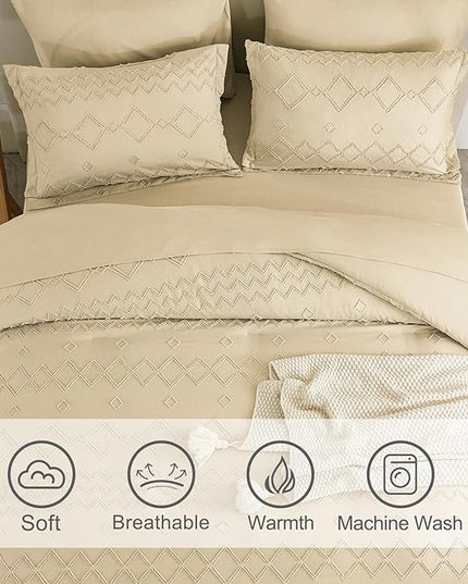 EMME Queen Comforter Set - 7 Pcs Beige Boho Bedding Sets, Full Size Tufted Comforter with Sheets, Shabby Chic Embroidery Queen Bed Set Fluffy Bed Bag for All Season(90"X90") - LeafyLoom