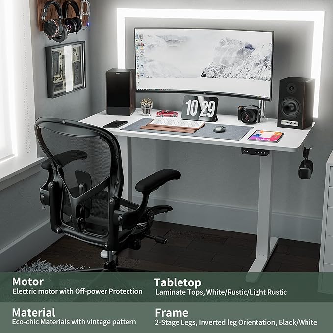 FEZIBO Electric Standing Desk, 40 x 24 Inches Height Adjustable Stand up Desk, Sit Stand Home Office Desk, Computer Desk, White - LeafyLoom
