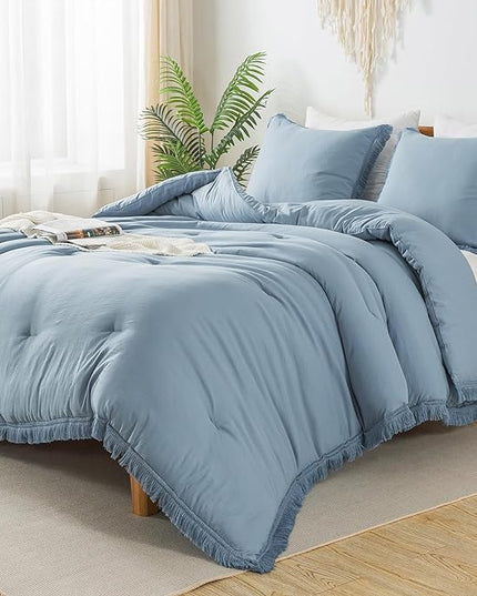 Andency Grayish Blue Comforter Set Full Size, 3 Pieces Boho Tassel Lightweight Bedding Comforter Sets, All Season Soft Fluffy Fringe Bed Set (79x90In Comforter & 2 Pillowcases) - LeafyLoom