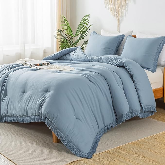 Andency Grayish Blue Comforter Set Full Size, 3 Pieces Boho Tassel Lightweight Bedding Comforter Sets, All Season Soft Fluffy Fringe Bed Set (79x90In Comforter & 2 Pillowcases) - LeafyLoom