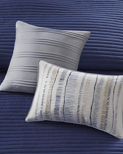 Madison Park Marina Comforter Quilt Combo Set - Modern Luxury Design, All Season Down Alternative Bedding, Matching Shams, Decorative Pillows, King/Cal King(104"x92") Seersucker Blue 8 Piece - LeafyLoom