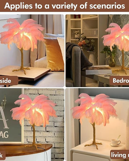Ostrich Feather Desk Lamp Bedside Pink Cute Lamp Gold Resin Table Lamp, Coconut Tree Feather Lamp for Bedroom Living Room Hallway Wedding Girls Bedroom Night Light G4 Base - LeafyLoom