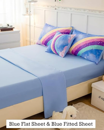 Aqua Blue Full Size Kids Comforter Sets for Girls, 6Pcs Colorful Rainbow Gradient Bedding Set, 3D Glitter Galaxy Bed in A Bag with Comforter, Sheets and Pillowcases for Teens - LeafyLoom
