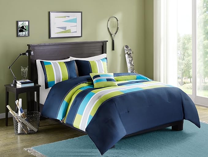 Comfort Spaces Casual Comforter Set Sporty Design, Vibrant Color, Active Lifestyle Boys Bedroom Décor, All Season Soft Microfiber Bedding Set, Decorative Pillow, Sham Navy/Blue Queen 4 Piece - LeafyLoom