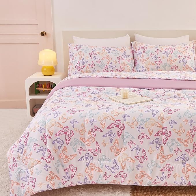 Butterfly Kids Comforter Set for Girls Full Size, Cute Reversible Quilted Lavender Printed Bedding Set with Pillow Sham, Lightweight Soft Breathable Machine Washable Bed Set 3 Piece - LeafyLoom