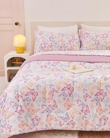 Butterfly Kids Comforter Set for Girls Twin, Cute Reversible Quilted Lavender Printed Bedding Set with Pillow Sham, Lightweight Soft Breathable Machine Washable Bed Set 2 Piece - LeafyLoom