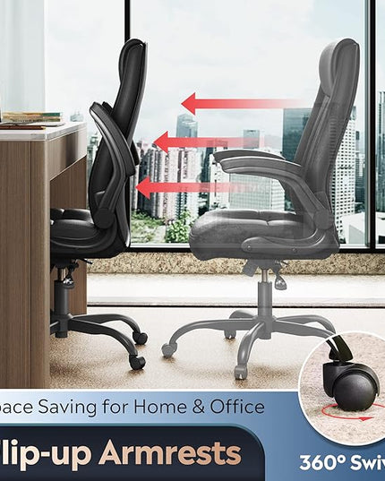 DEVAISE Computer Office Chair, High Back Ergonomic Desk Chair with Adjustable Flip-up Armrests, Lumbar Support and Thick Headrest, Executive Suede Fabric Swivel Task Chair, Black - LeafyLoom
