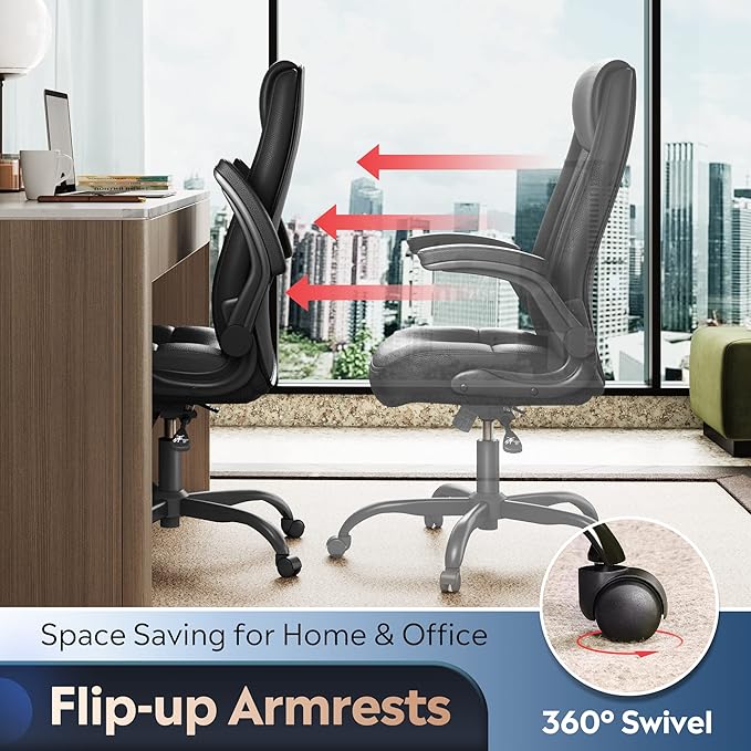 DEVAISE Computer Office Chair, High Back Ergonomic Desk Chair with Adjustable Flip-up Armrests, Lumbar Support and Thick Headrest, Executive Suede Fabric Swivel Task Chair, Black - LeafyLoom