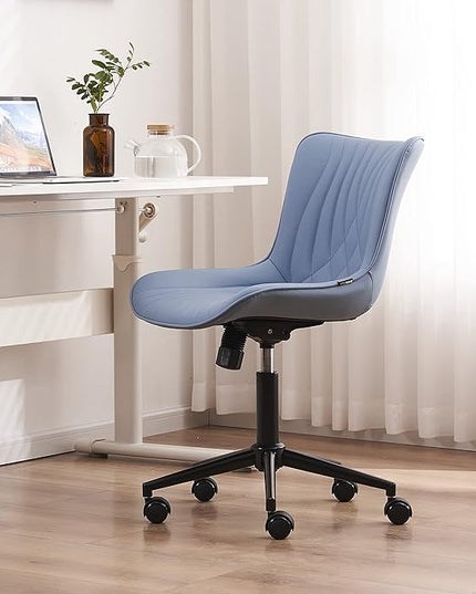 YOUNIKE Office Chair, Armless Desk Chair with Wheels, Aesthetic Home Office Computer Task Chairs, Modern Faux Leather Upholstered Vanity Chair, Adjustable Swivel Rocking Chair with Back, Blue - LeafyLoom