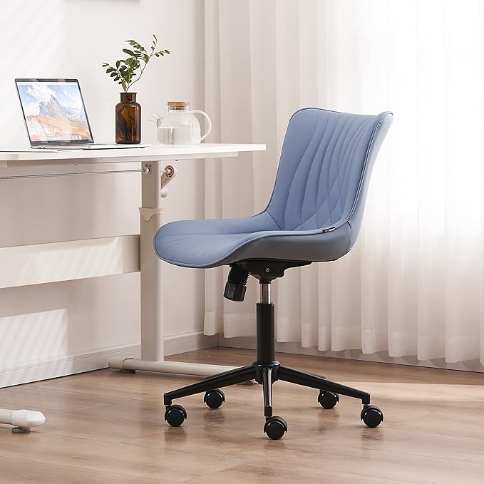 YOUNIKE Office Chair, Armless Desk Chair with Wheels, Aesthetic Home Office Computer Task Chairs, Modern Faux Leather Upholstered Vanity Chair, Adjustable Swivel Rocking Chair with Back, Blue - LeafyLoom