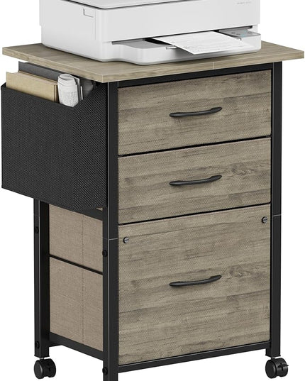 3 Drawer File Cabinet with 18'' Extended Board, Fabric Drawer, Mobile Filing Cabinet Fits A4/Letter Size Files, Rolling Printer Stand with Storage Bag, File Cabinet for Home Office, Grey - LeafyLoom