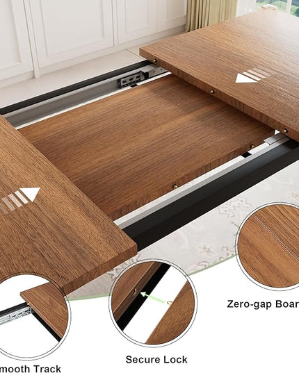 Feonase 7-Piece Dining Table Set with 6 Stools, 63" Large Extendable Kitchen Table Set for 4-8, Mid-Century Dining Room Table with Heavy-Duty Frame, Easy Assembly, Walnut - LeafyLoom