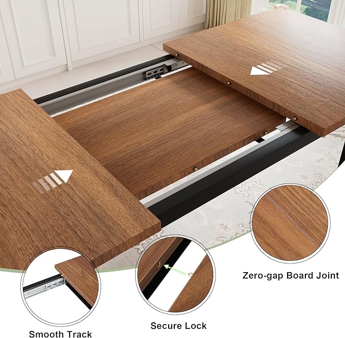 Feonase 7-Piece Dining Table Set with 6 Stools, 63" Large Extendable Kitchen Table Set for 4-8, Mid-Century Dining Room Table with Heavy-Duty Frame, Easy Assembly, Walnut - LeafyLoom