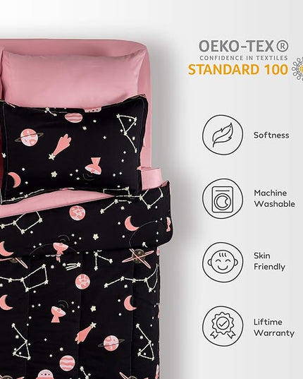 SLEEP ZONE Kids Bedding Comforter Set Full/Queen Size - Super Cute & Soft Kids Bedding 7 Pieces Set with Comforter, Sheet, Pillowcase & Sham (Pink Galaxy) - LeafyLoom