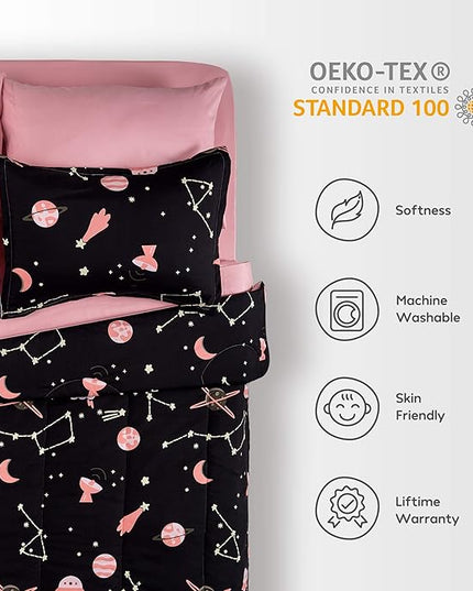 SLEEP ZONE Kids Twin Bedding Comforter Set - Super Cute & Soft Kids Bedding 5 Pieces Set with Comforter, Sheet, Pillowcase & Sham (Pink Galaxy) - LeafyLoom