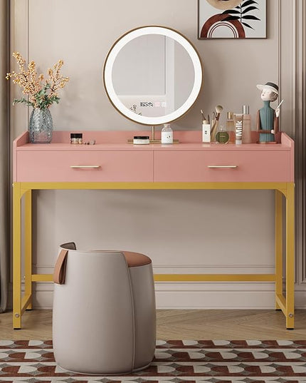 WESTREE Computer Gaming Desk Office - Study Writing Desk with Drawer for Teen, Bedroom Makeup Desk Home Office with Storage Shelf, Height Monitor Stand, Pink - LeafyLoom