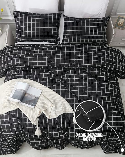 Andency Black Grid Comforter Set King Size (104x90 Inch), 3 Pieces(1 Grid Comforter and 2 Pillowcases), Summer Lightweight Microfiber Down Alternative Black Comforter with White Lines - LeafyLoom