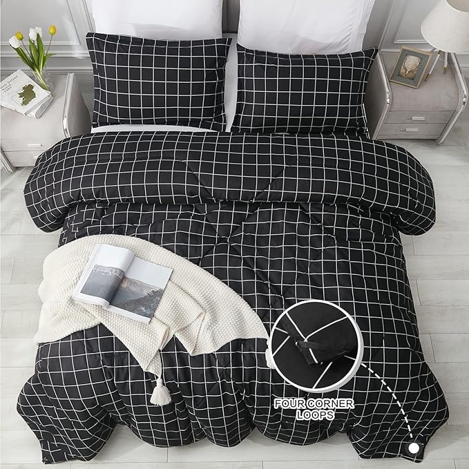 Andency Black Grid Comforter Set Twin Size (66x90 Inch), 2 Pieces(1 Grid Comforter and 1 Pillowcase), Summer Lightweight Microfiber Down Alternative Black Comforter with White Lines for Kids Girls - LeafyLoom