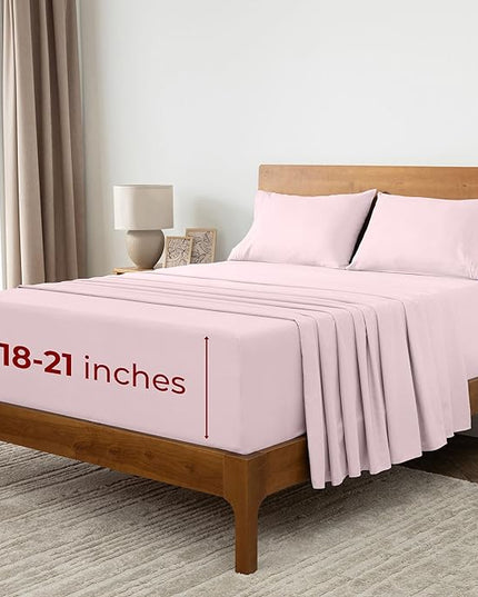 Mellanni Extra Deep Queen Sheets - 4 PC Iconic Collection Bedding Sheets & Pillowcases - Hotel Luxury, Ultra Soft, Cooling Bed Sheets - Extra Deep Pocket up to 21 inch (Queen, Blush Pink) - LeafyLoom