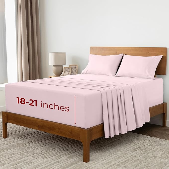 Mellanni Extra Deep Queen Sheets - 4 PC Iconic Collection Bedding Sheets & Pillowcases - Hotel Luxury, Ultra Soft, Cooling Bed Sheets - Extra Deep Pocket up to 21 inch (Queen, Blush Pink) - LeafyLoom