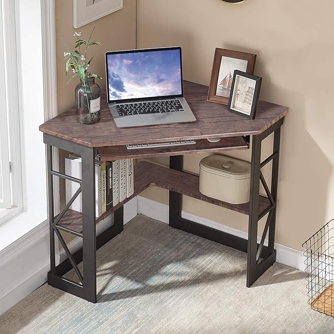 VECELO Corner Computer Desk Writing Smooth Keyboard Tray & Storage Shelves,Compact Home Office Triangle Table, Rustic Natural Brown - LeafyLoom