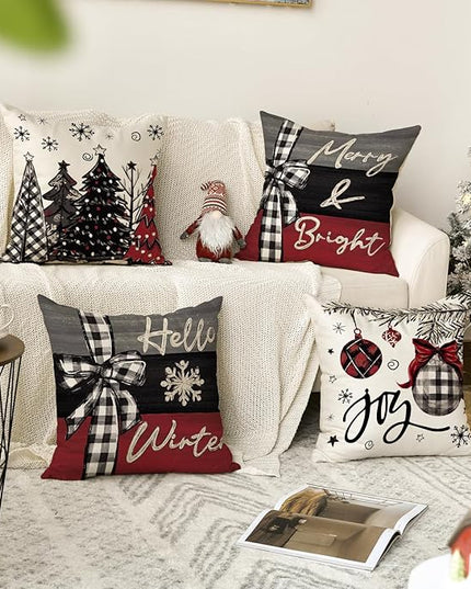 AVOIN colorlife Merry Christmas Joy Xmas Trees Red Throw Pillow Covers, 18 x 18 Inch Christmas Winter Holiday Cushion Case Decoration for Sofa Couch Set of 4 AVOINcolorlife
