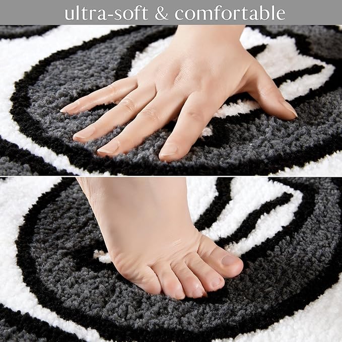 RoomTalks Boho Cute Rugs for Bathroom Kitchen Dorm Bedroom Aesthetic, 2x3 Small Area Rugs Throw Carpet, Black and White Funky Trendy Cool Bath Mat Non Slip Washable Cartoon Kids Bathroom Rugs Decor - LeafyLoom