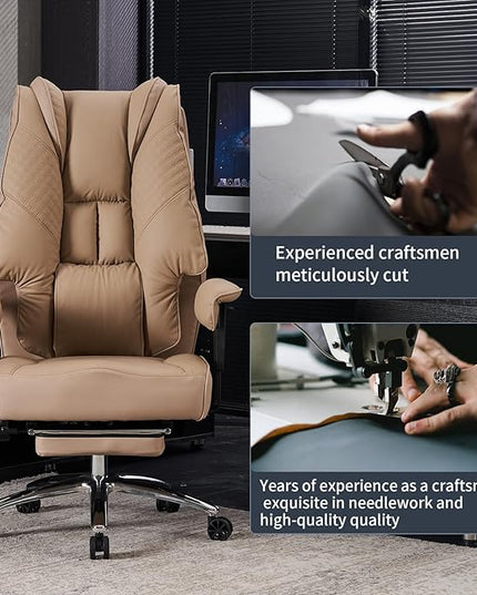 Big and Tall Office Chair 400lbs Wide Seat, Leather High Back Executive Office Chair with Foot Rest, Ergonomic Office Chair Lumbar Support for Lower Back Pain Relief (Brown) - LeafyLoom