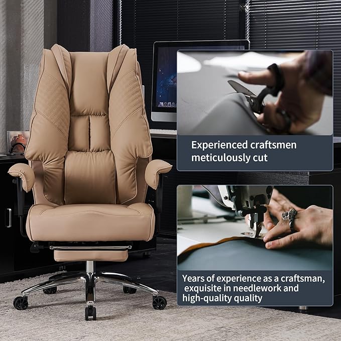 Big and Tall Office Chair 400lbs Wide Seat, Leather High Back Executive Office Chair with Foot Rest, Ergonomic Office Chair Lumbar Support for Lower Back Pain Relief (Brown) - LeafyLoom