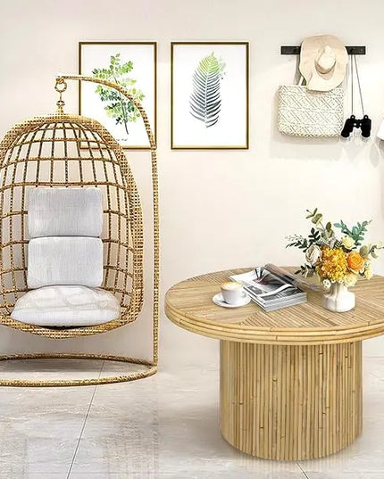 Round Coffee Table, Small Rattan Coffee Table, Mid Century Modern Coffee Table, Boho Circle Coffee Table, Tea Table, Unique Fluted Coffee Table, Rustic Center Table for Living Room - LeafyLoom