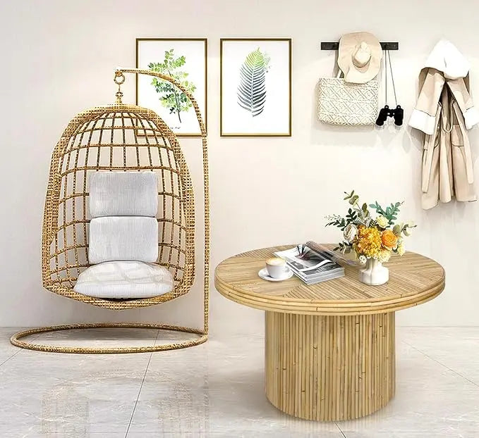 Round Coffee Table, Small Rattan Coffee Table, Mid Century Modern Coffee Table, Boho Circle Coffee Table, Tea Table, Unique Fluted Coffee Table, Rustic Center Table for Living Room - LeafyLoom