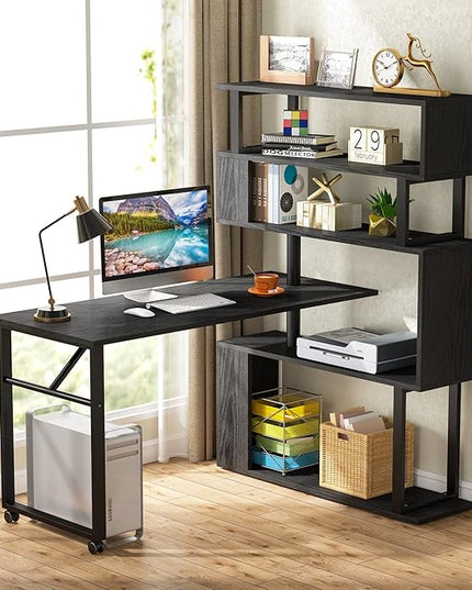 Rotating Computer Desk L-Shaped Office Desk with 5 Shelves Bookcase, Reversible Writing Desk Study Table with Wheels for Home Office, Black - LeafyLoom