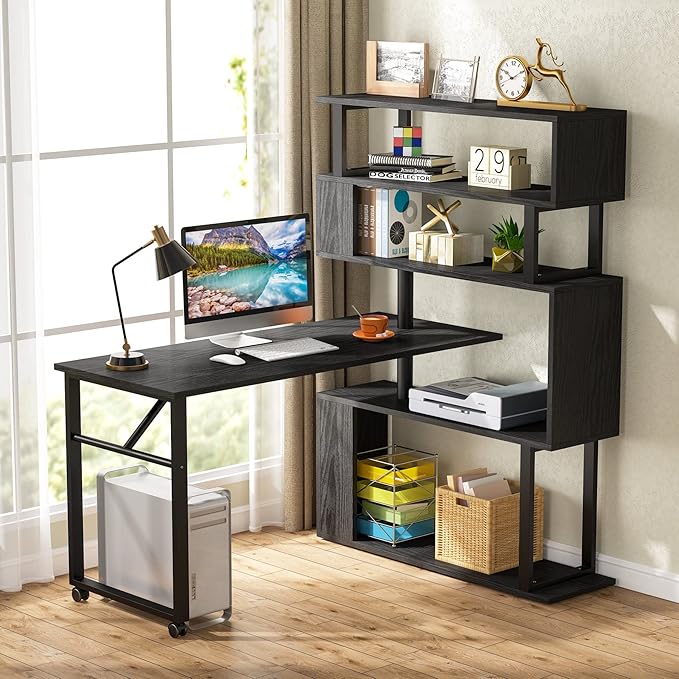 Rotating Computer Desk L-Shaped Office Desk with 5 Shelves Bookcase, Reversible Writing Desk Study Table with Wheels for Home Office, Black - LeafyLoom