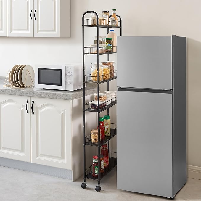 Slim Rolling Storage Cart, 6 Tier Utility Carts with Wheels and Baskets, Mobile Shelving Unit, Metal Wire Storage Shelving Rack with for Kitchen Bathroom Office Laundry Narrow Space - Black 10in - LeafyLoom