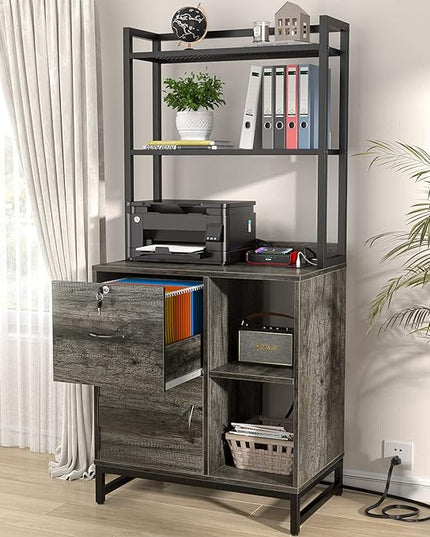 Homieasy Vertical Filing Cabinet with Lock & Charging Station, Large Drawer Wood File Cabinet with Bookshelf, Printer Stand with Open Storage Shelf, fits Letter Size for Home Office, Grey Oak - LeafyLoom