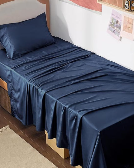 Bedsure Twin XL Sheet Set Dorm Bedding, Cooling Sheets Twin Extra Long Sheets, Rayon Derived from Bamboo, Deep Pocket Up to 16", Hotel Luxury Silky Bedding Sheets & Pillowcases, Navy - LeafyLoom