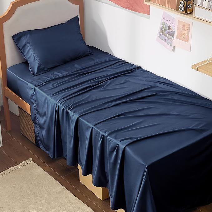 Bedsure Twin XL Sheet Set Dorm Bedding, Cooling Sheets Twin Extra Long Sheets, Rayon Derived from Bamboo, Deep Pocket Up to 16", Hotel Luxury Silky Bedding Sheets & Pillowcases, Navy - LeafyLoom