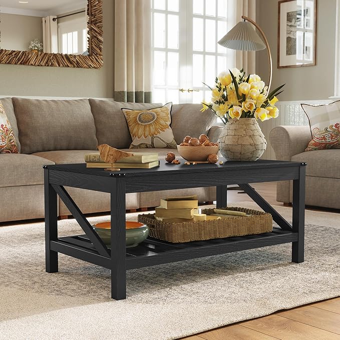 Farmhouse Coffee Table with 2-Tier Shelves - Rectangular Coffee Table with Storage for Living Room, Wood Coffee Table with Sturdy Frame, Black - LeafyLoom