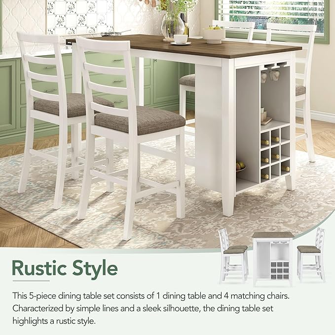 5 Piece Multi-Functional Rubber Wood Counter Height Dining Table Set with Padded Chairs and Integrated 9 Bar Compartment, Wine Glass Holders for Kitchen, Living Room, Brown+White-1 - LeafyLoom