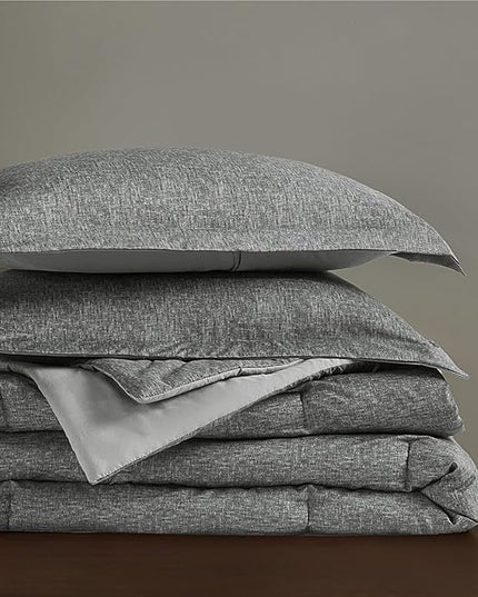 Grey Comforter Set Twin Size - Soft Luxury Chambray Printed, Lightweight Breathable Gray Twin Bedding Set for All Season, 2 Pieces Including 1 Comforter and 1 Pillow Sham - LeafyLoom