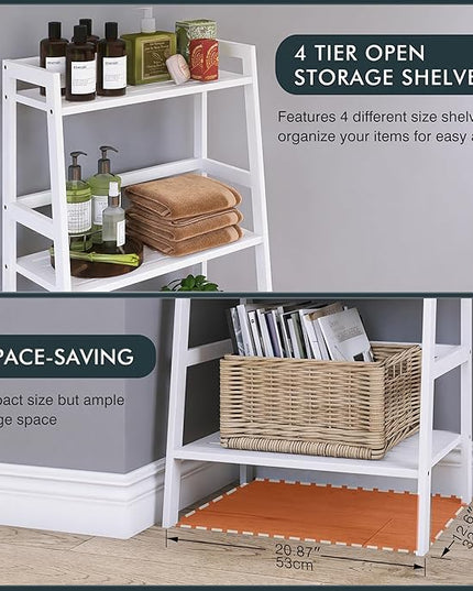 White Ladder Bookshelf, Leaning Bookcase, 4-Tier Bamboo Shelf, Floor Standing Storage Shelving Unit, Open Display Book Shelves - LeafyLoom