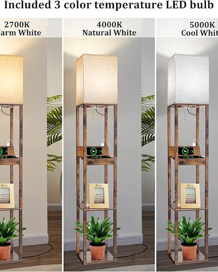 【Upgraded】Floor Lamp with Shelves,Shelf Floor Lamps for Living Room with Wireless Charger, Floor Lamps for Bedroom with USB A+C Charging Ports and 2 AC Outlet, Brown Wood Lamp for Living Room, Bedroom - LeafyLoom
