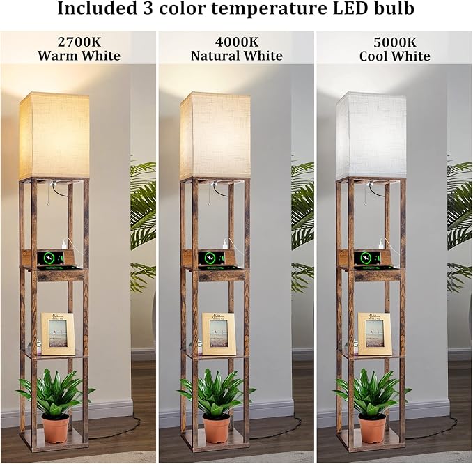【Upgraded】Floor Lamp with Shelves,Shelf Floor Lamps for Living Room with Wireless Charger, Floor Lamps for Bedroom with USB A+C Charging Ports and 2 AC Outlet, Brown Wood Lamp for Living Room, Bedroom - LeafyLoom