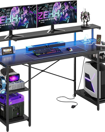 Bestier Gaming Desk with Reversible Power Outlets, 55 inch LED Computer Desk with Monitor Stand & Adjustable Shelves, Writing Desk with Cup Holder & Hook for Home Office, Black 3D Carbon Fiber - LeafyLoom