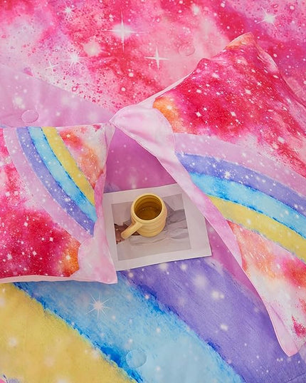 Rainbow Twin Size Comforter Set for Girls 6 Pieces Sparkle Tie Dye Pink Girls Bedding Comforter Sets Galaxy Kids Bed Comforter Sets Gradient Glitter Soft Bed in A Bag with Sheets - LeafyLoom