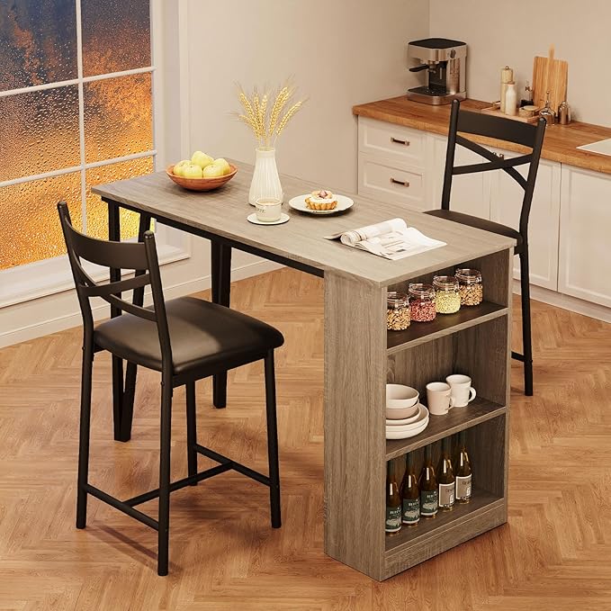 IDEALHOUSE Dining Table Set for 2, Expandable Kitchen Bar Table and Chairs for 2, 3 Piece Counter Height Top Dining Table Set with Upholstered Chairs Storage for Small Space, Black (Grey) - LeafyLoom
