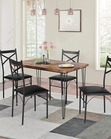 VECELO 5-Piece Set for Home Kitchen Breakfast Nook, with 4 Chairs, Black, Dining Table for 4, Retro Brown - LeafyLoom