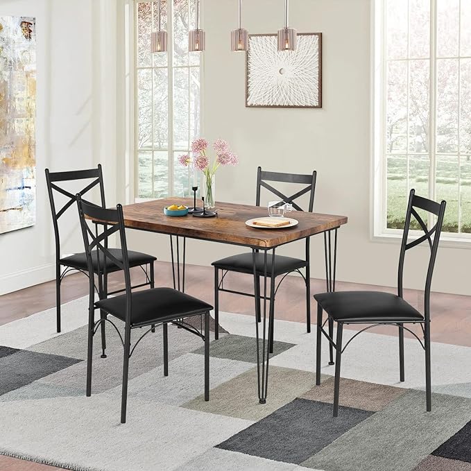 VECELO 5-Piece Set for Home Kitchen Breakfast Nook, with 4 Chairs, Black, Dining Table for 4, Retro Brown - LeafyLoom