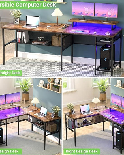Unikito L Shaped Desk with USB Charging Port and Power Outlet, Reversible L-Shaped Corner Computer Desk with Storage Shelves, Industrial 2 Person Gaming Table Modern Home Office Desk, Rustic Brown - LeafyLoom