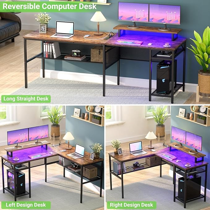 Unikito L Shaped Desk with USB Charging Port and Power Outlet, Reversible L-Shaped Corner Computer Desk with Storage Shelves, Industrial 2 Person Gaming Table Modern Home Office Desk, Rustic Brown - LeafyLoom